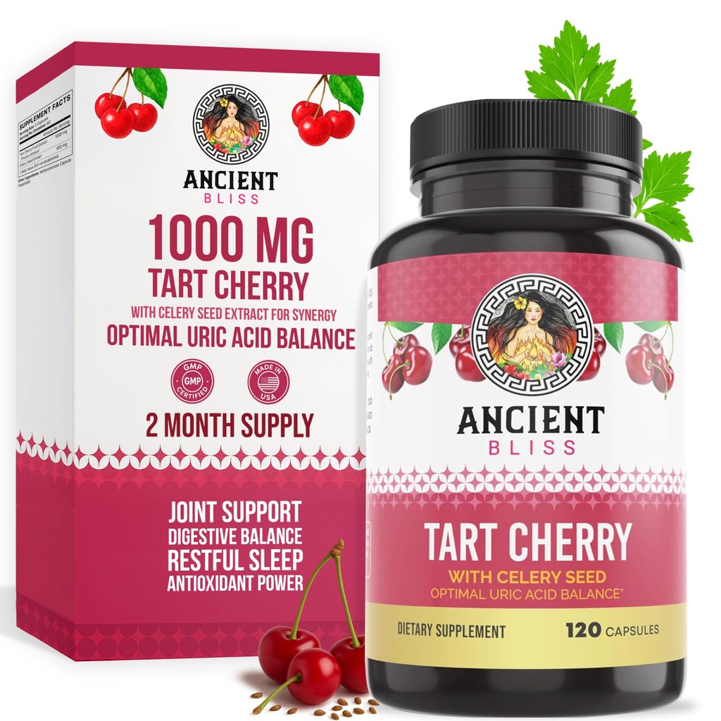 Antigua Bliss Tart Cherry Capsules, Inflamación &amp; Suplemento de Apoyo Conjunto para Mujeres Hombres, Tart Cherry Suplemento de Apoyo Digestión, Sleep & Vitality (120 cápsulas)
