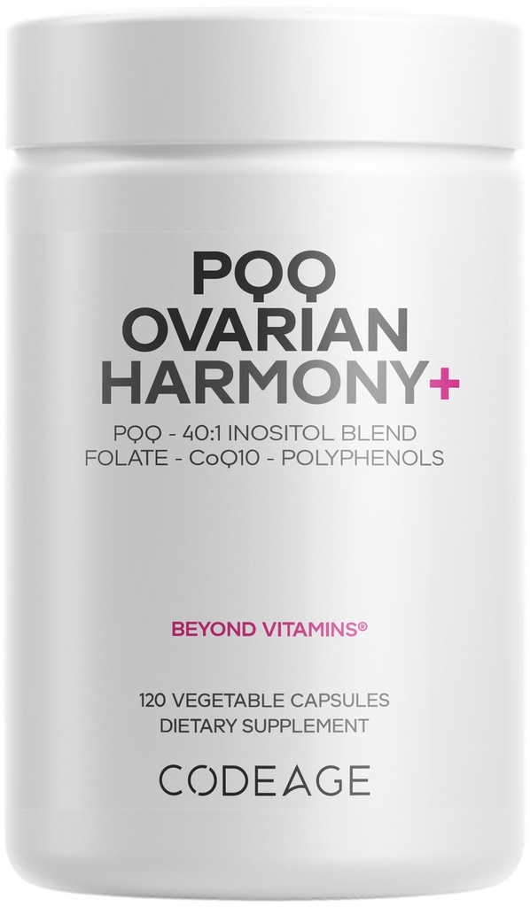 Codeage PQQ Ovarian Harmony+ Supplement - PQQ (Pyrroloquinoline Quinone), Myo-Inositol & D-Chiro-Inositol 40:1 Blend, Folate 5-MTHF, CoQ10, Wild Blueberry - Entrega Liposomal - No GMO - 120 cápsulas