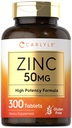 Carlyle Zinc 50mg Ø 300 Tablets ← Vegetarian, Non-GMO y Gluten Free Supplement ← Zinc Gluconate ← High Potency Formula