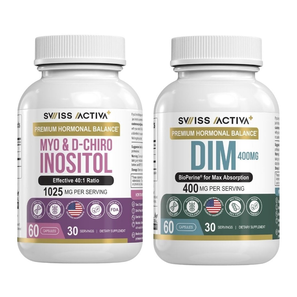 Swiss Activa+ DIM &amp; Myo-Inositol Bundle – Balance hormonal " Apoyo al PCOS para Mujeres – Ciclo Menstrual, Mood, Estrógeno y Salud Ovárica – Suministro de 60 días