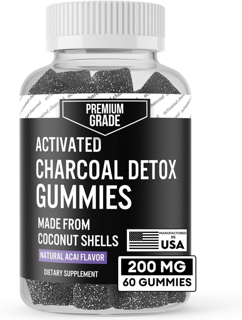 Gaviotas de carbón activado de grado Premium - Suplementos de carbón de coco para soporte de desintoxicación, salud oral, estufa " , seguro para niños - Sin manteca Vegan - Natural Acai Flavor (60 Conde)
