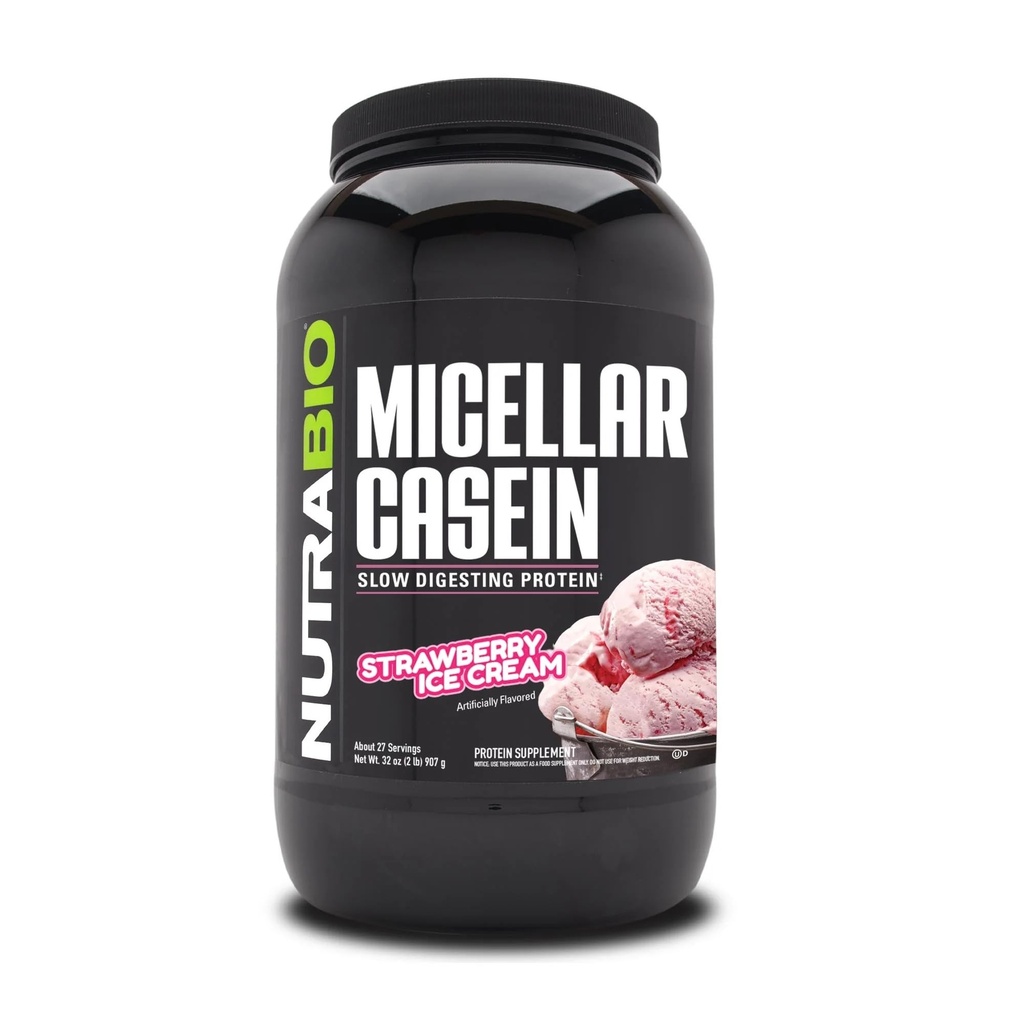 NutraBio Casein Protein Powder, Micellar Casien Powder, 25g Slow Digesting Protein, Helps Keep You Full, Overnight Muscle Recovery &amp; Growth, BCAA &amp; EAA, Gluten Free, Soy Free, 2lb Strawberry Ice Cream