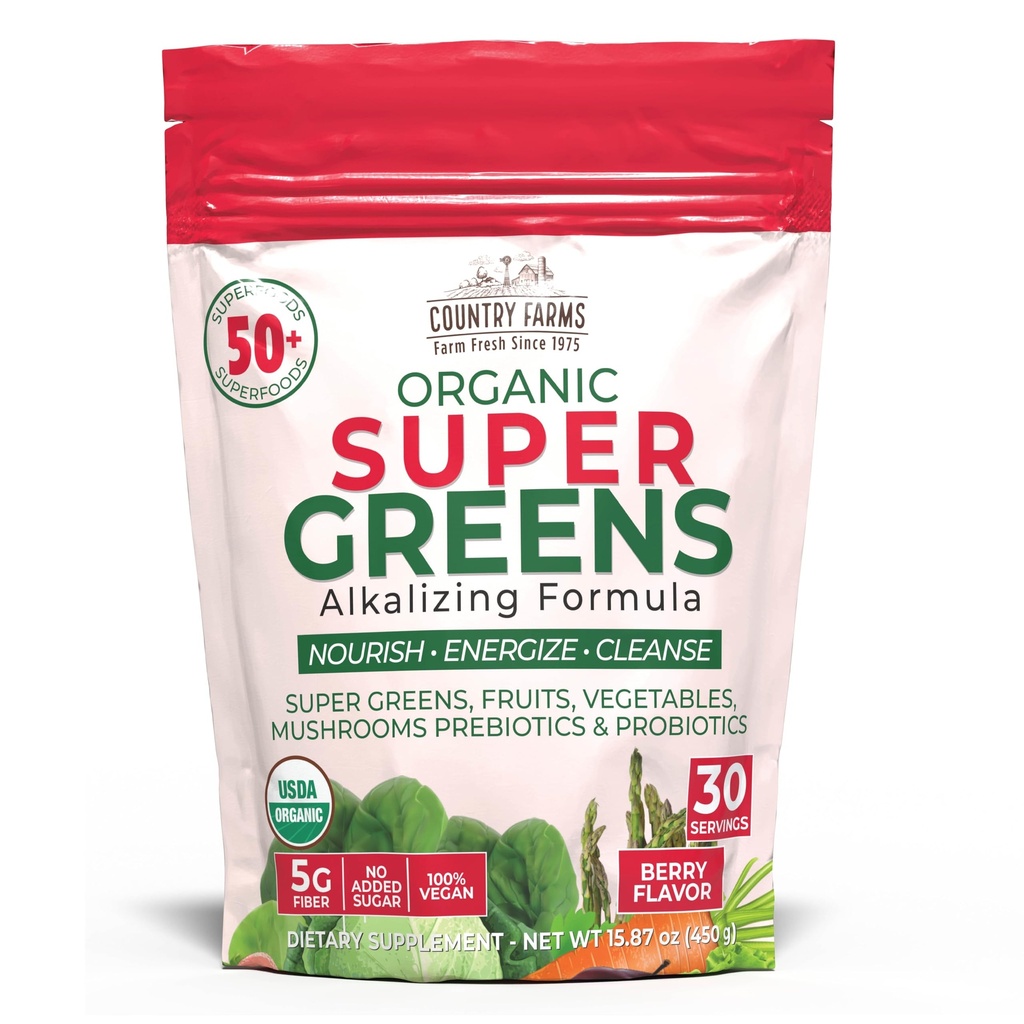Country Farms Super Greens Berry Flavor, 50 Organic Super Foods, USDA Organic Drink Mix (Wheat Grass, Spirulina, Clorella) Mushrooms &amp; Probiotics, with Fiber, Gut Health, Natural Energy, 30 Servings