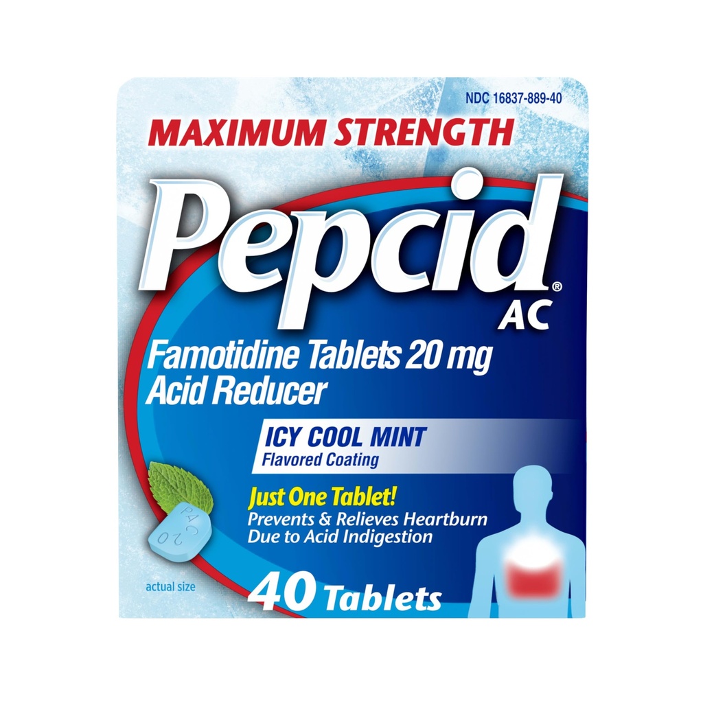 Pepcid AC Maximum Strength Heartburn Relief Tablets, OTC Medicine Prevents ' Relieves Heartburn Debido a la indigestión de ácido " Sour Stomach, 20mg Famotidine Acid Reducer, ICY Cool Mint, 40 ct