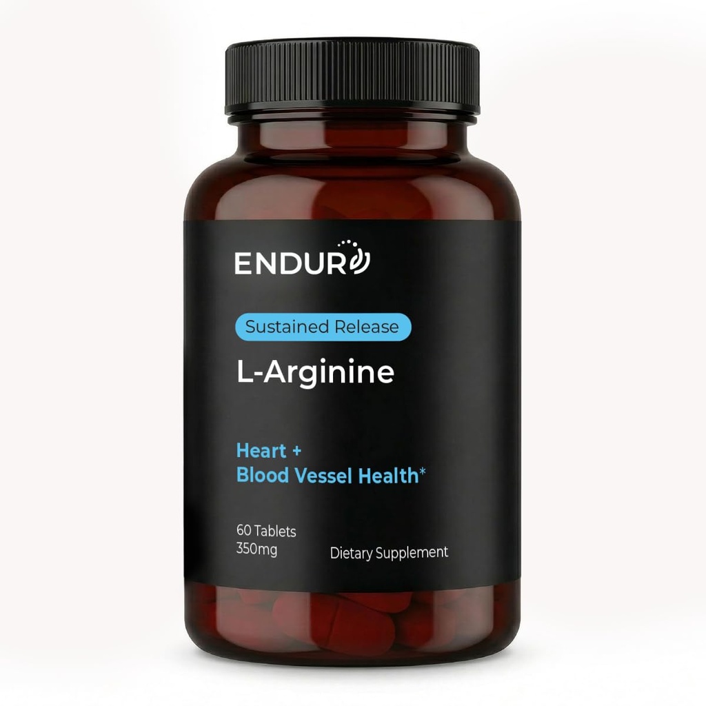 Suplemento L-Arginina de Endur, ayuda a apoyar la función sana del flujo de sangre " corazón, ejercicio " salud inmune, sin gluten, 350 mg (60 tablas)