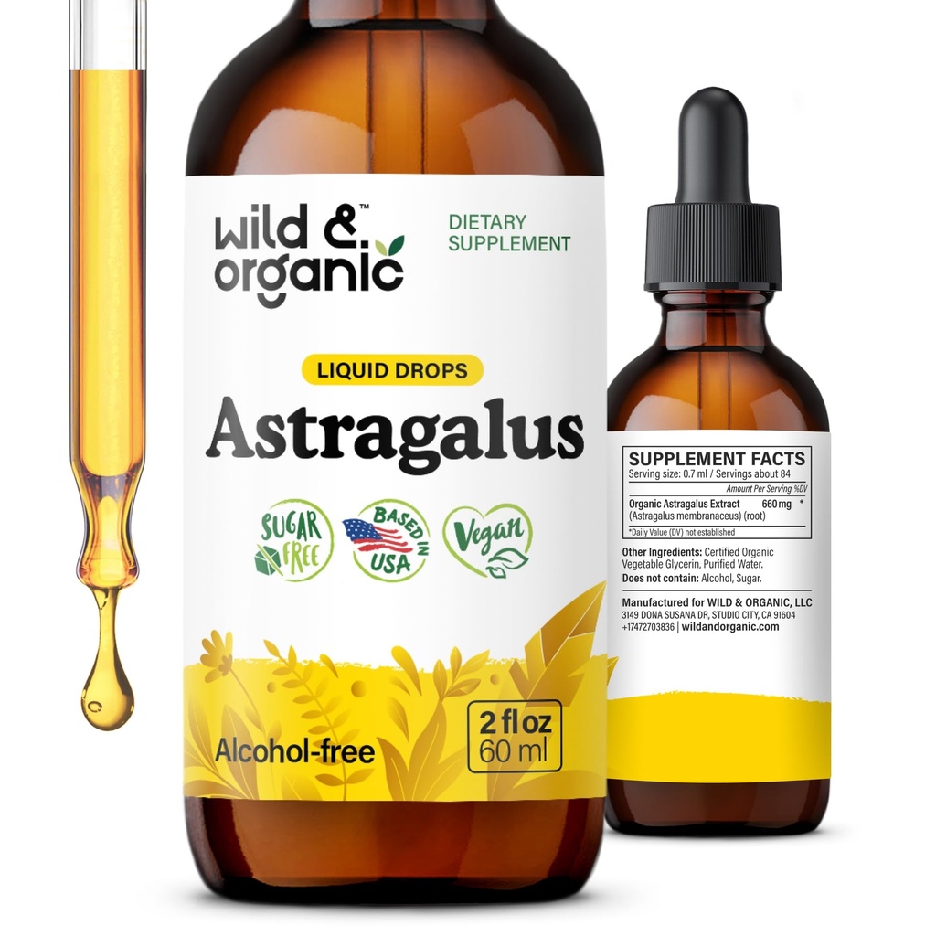 Wild &amp; Organic Astragalus Tincture - Immune Support Drops w/Astragalus Root Extract - Suplemento herbal para la calma " Relajación - Vegan, Azúcar " Alcohol Gratis - 2 fl oz