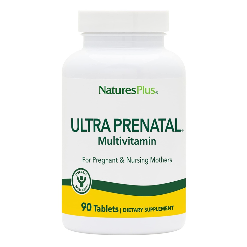 NaturesPlus Ultra Prenatal Multivitamínico - 800 mcg Folate, 90 Tabletas Vegetarianas - Suplemento prenatal con Iron, Iodine, Calcio &amp; B-Complex Vitaminas - Gluten-Free - 45 Servimientos