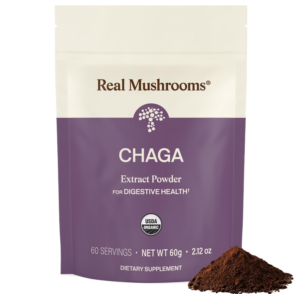 Mushrooms reales Chaga Mushroom Powder – Orgánica Chaga Extracto del Cuerpo de Fruto – para el Bienestar diario y el apoyo energético – Vegan, No GMO, 60 Servidores Suplemento de Mushroom