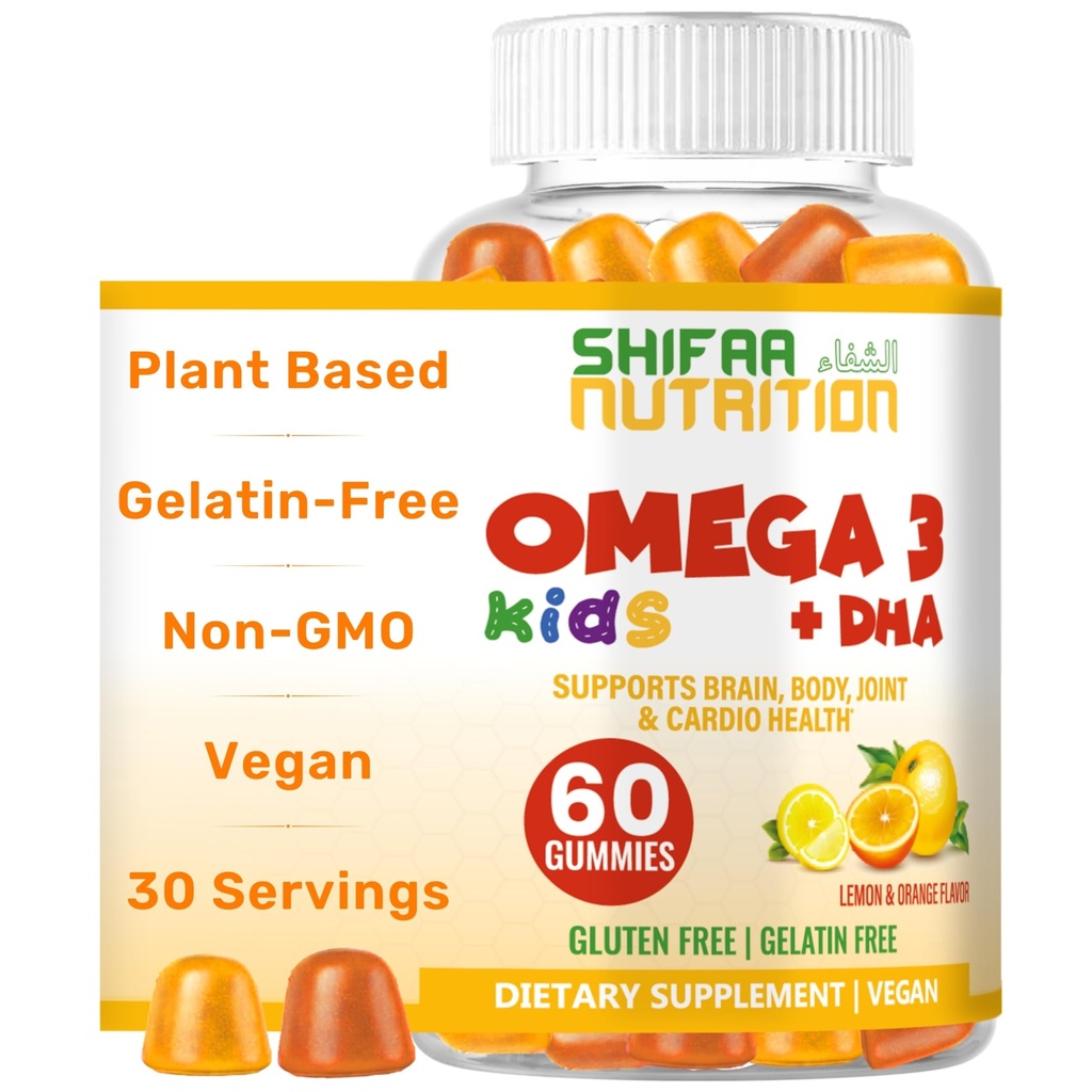 SHIFAA NUTRITION Halal Omega 3 for Kids with DHA Gummies for Brain Development, Heart &amp; Immune Support, Plant-Based, Non-GMO, Algae-Based DHA, Gluten &amp; Gelatin-Free Omega 3 Gummies, 30 Servings