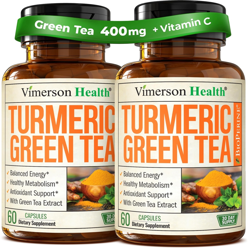 Suplemento de Curcumina Turmérica con Extracto de Té Verde (ECGC) " Vitamina C para la Salud Conjunta, Energía " Equilibrio de Inflamación - Curcumina Tumérica Orgánica con Pimienta Negra - Sin gluten, No GMO. 2-Pack