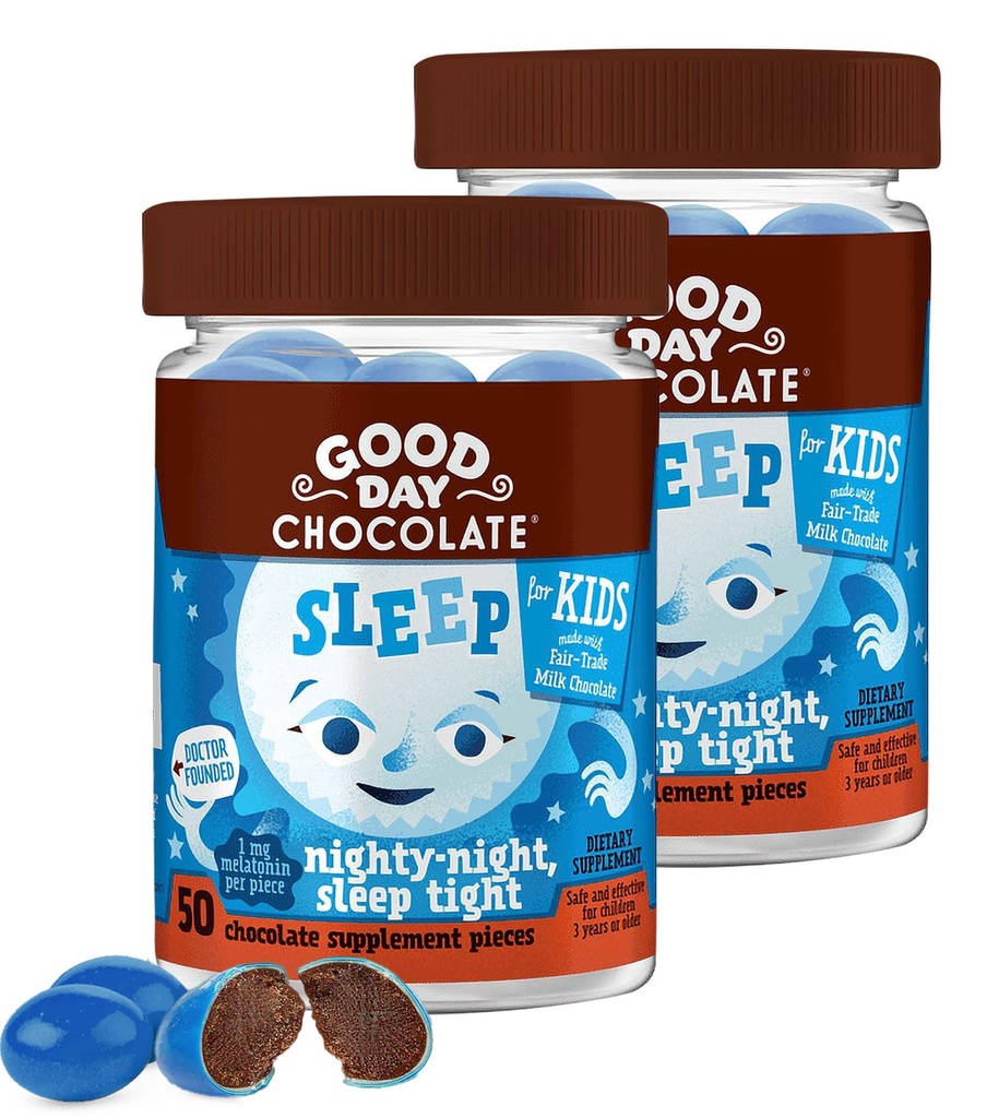 Melatonina de chocolate de buen día para niños [2 Pack] - Chocolate no transgénico de comercio justo con manzanilla y melatonina 1 mg - Toddler Melatonin, Kids Natural Sleep Aid for Ages 3 y Up