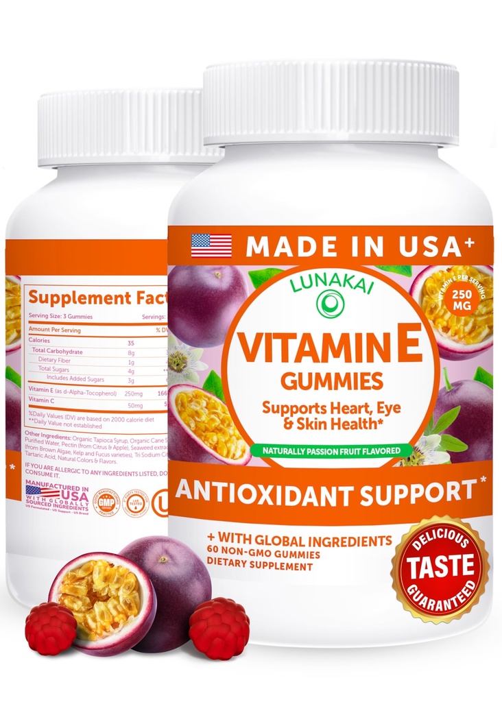 Lunakai EE.UU. hizo vitamina E Gummies 400IU con vitamina C - Delicious, Vegan, Suplemento no OGM para el soporte diario de piel y ojo, 60ct