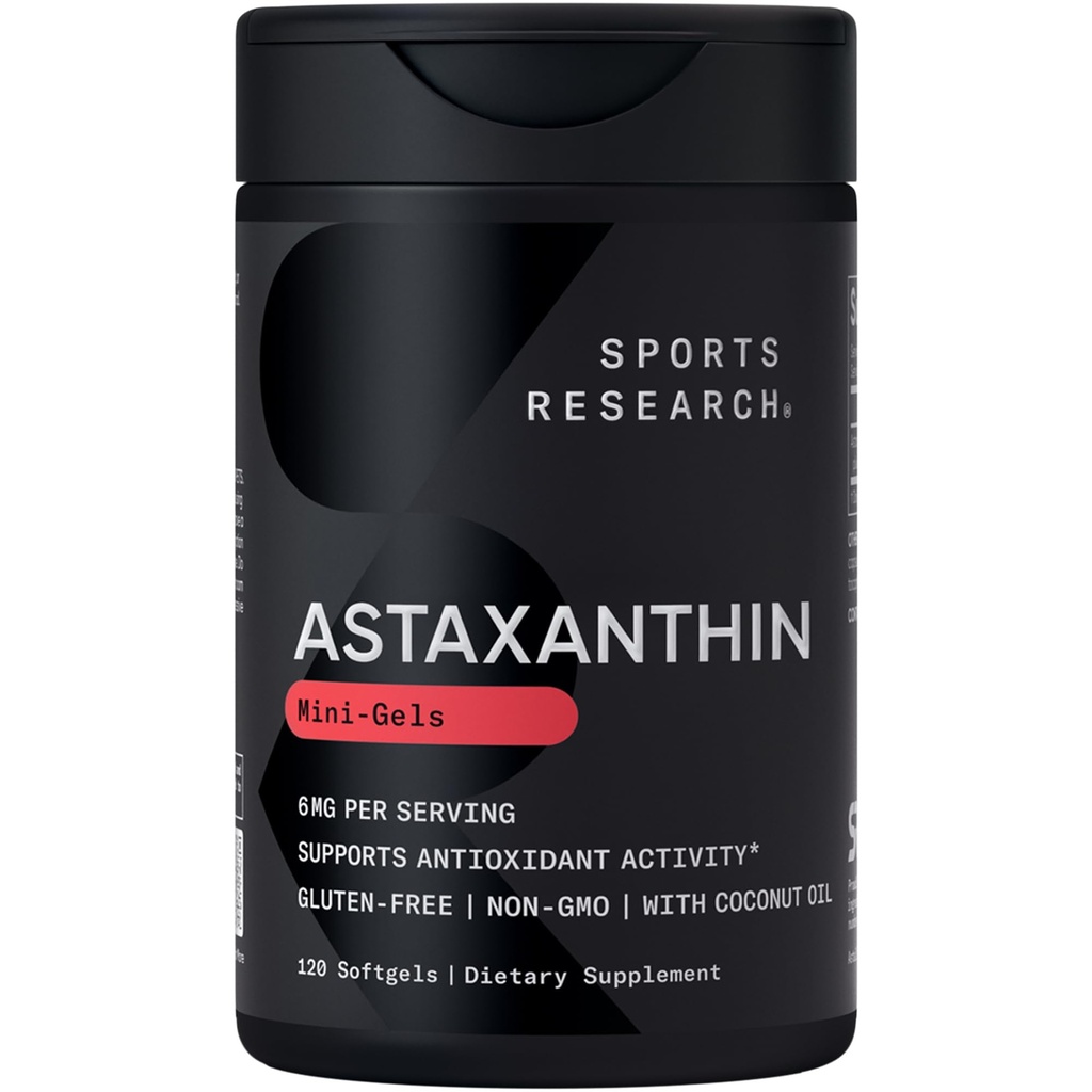Investigación Deportiva Triple Fuerza Astaxanthin Suplemento (6mg) con aceite de coco orgánico para actividad antioxidante, Skin &amp; Eye Health Support - Non-GMO Verified &amp; Gluten Free - 120 Softgels