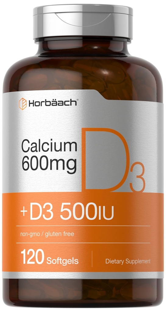 Suplemento de calcio de Horbäach con vitamina D3 TEN 600 mg TEN 120 Softgels TENIDO NO GMO &amp; Gluten Libre Silencio para Hombres y Mujeres