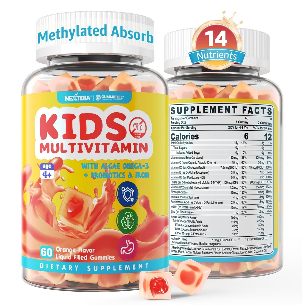 Gummies multivitamínicos para niños con hierro, azúcar libre, vitaminas diarias para niños + probióticos, Algae Omega 3 (EPA/DHA), A, C, D, Metil B12, Folate, B6, Zinc, Biotin, para el crecimiento saludable, Immune Support, 60 Conde