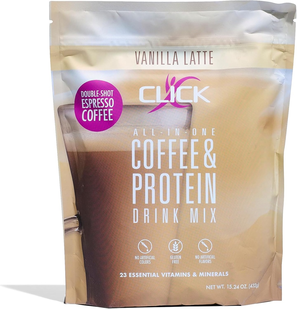 Click Coffee Protein Powder ← Doble Shot Espresso Silencio 16g Protein ← 23 Vitaminas Esenciales ← Baja Calorie Meal Reemplazo Silencio 150mg Caffeine TEN Gluten Free TEN No Artificial Flavors or Colors Silencio Vanilla
