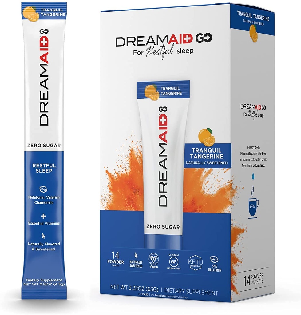 Sleep Aid Drink Mix, DreamAid, Melatonin, Chamomile - Helps Adults Fall Asleep Faster, Sleep Longer y Wake up Feeling Rejuvenated, Zero Sugar & Keto Friendly, 14 Servings (Pack of 1)