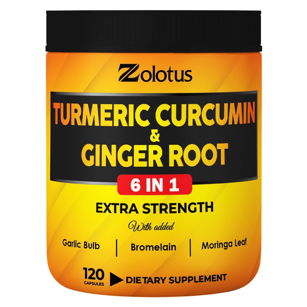 6 en 1 Curcumina Turmérica + cápsulas de jengibre, 95% Curcuminoides con Ginger, Bulbo de ajo, Bromelain, Moringa, Pepper Negro - 120 cápsulas
