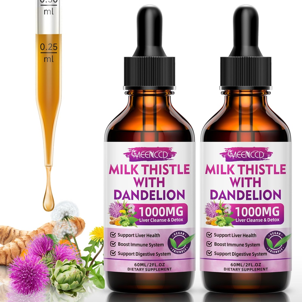 MEENCCD 2 Pack Milk Thistle Liquid Drops - Milk Thistle Supplement with Silymarin, Antioxidant Support, Vegan, Non-GMO, 4 Fl Oz