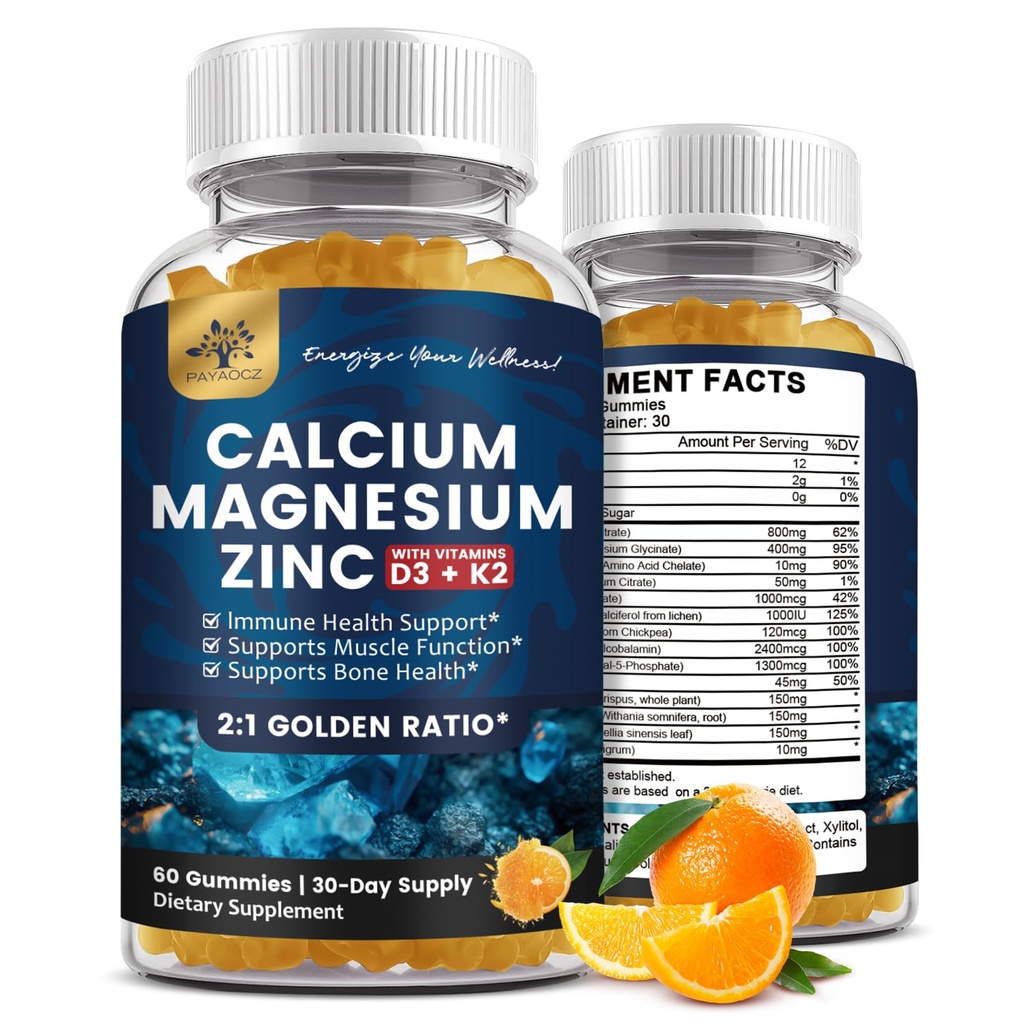 (2 Pack) Calcio Magnesio Zinc Gummies con vitamina D3, K2, B12 &amp; B6 para adultos, Azúcar Glycinate con Potasio Sea Moss Suplemento, Calcio Citrato para Bone Mood &amp; Sleep Support