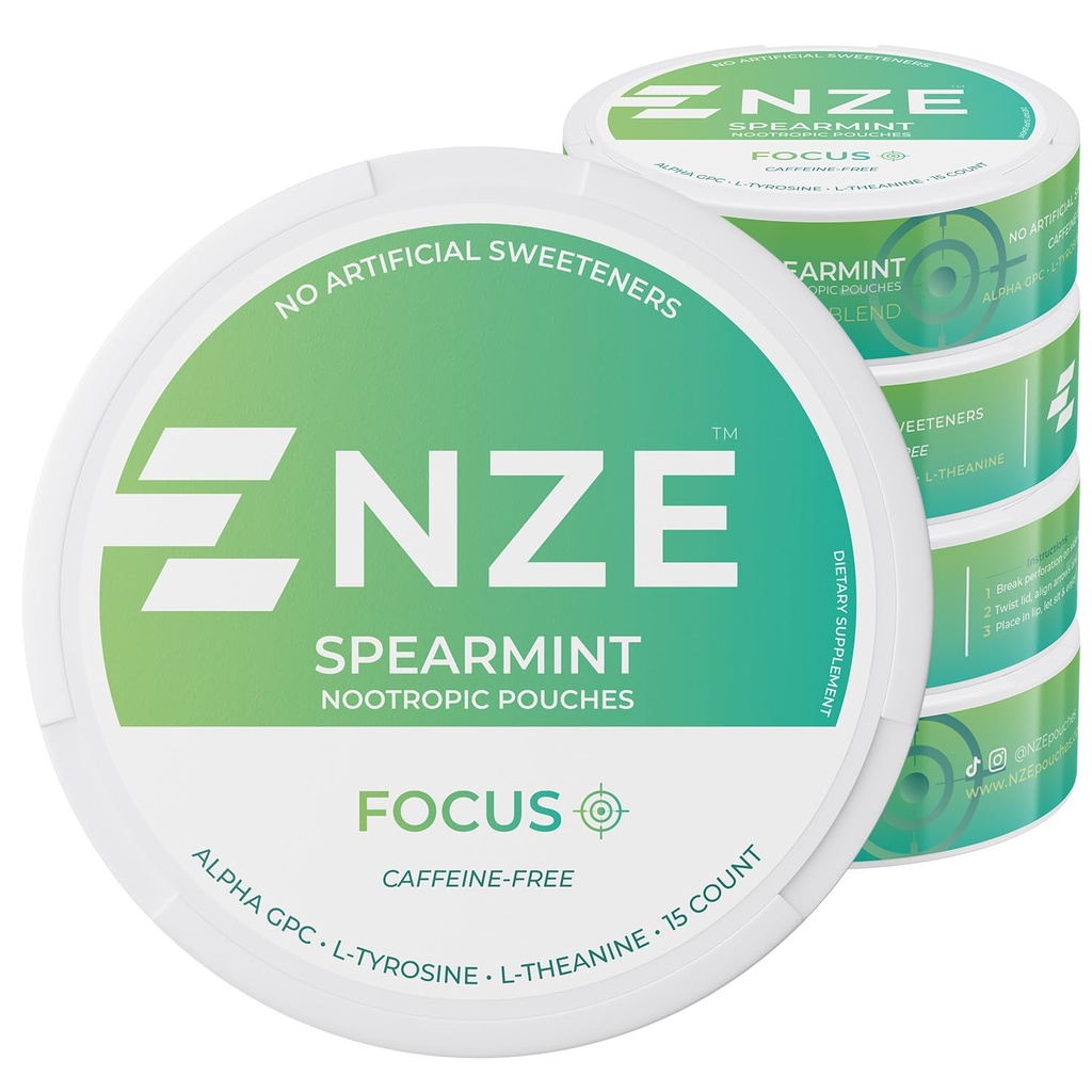 NZE Caffeine Free Nootropic Pouches (Spearmint) - Nootropic Pouches with Alpha GPC, L-Tyrosine &amp; L-Theanine - No Sugar or Artificial Sweeteners - 15 Nicotine Free Pouches Per Can - 5 Pack