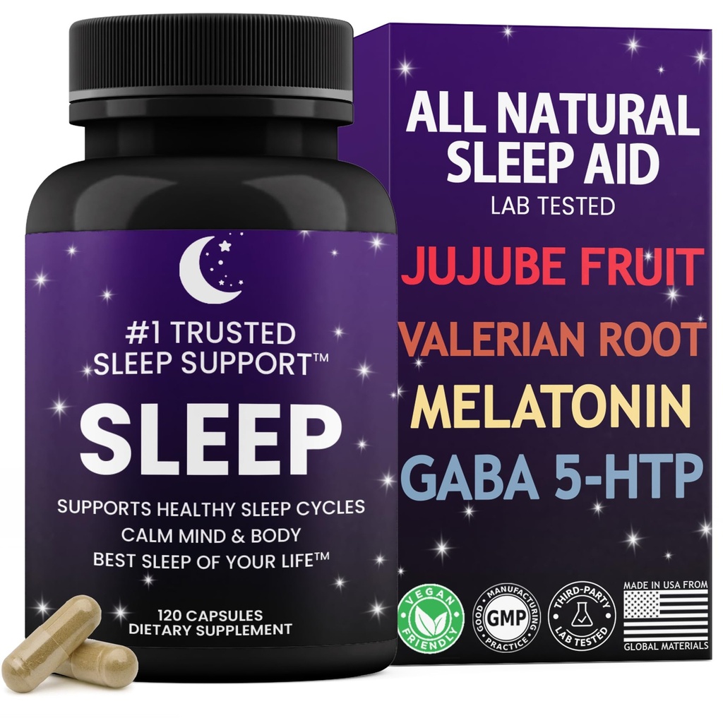 Ayuda para el sueño natural para adultos Bestando sueño de su vida Valerian Root GABA 5-HTP Melatonin 120 Non-Habit Forming Capsules Lab Tested