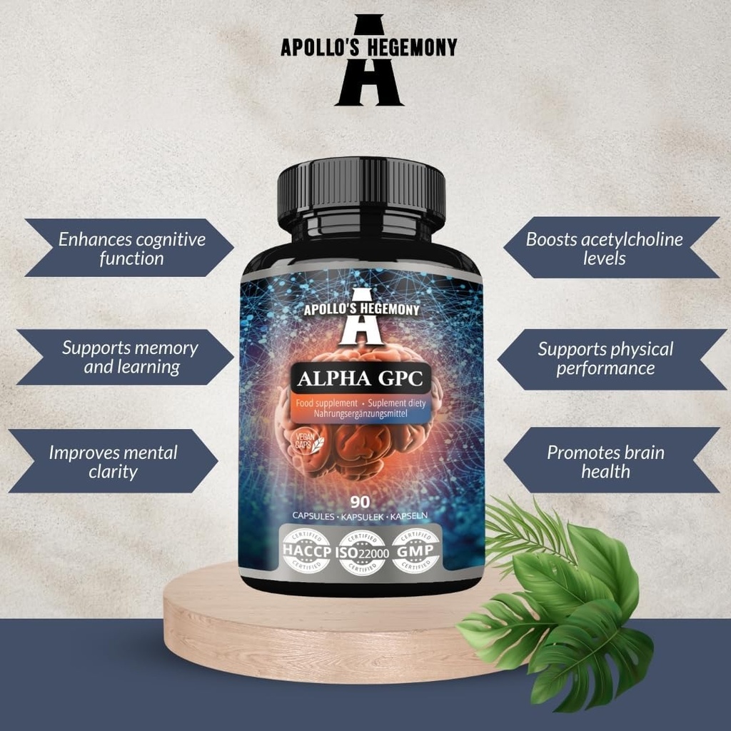HEGEMONIO DE APOLLO Alfa-GPC 600mg por dosis diaria - 90 cápsulas de Choline Vegan - 99% Choline Alfoscerate Suplemento dietético - Lipid Choline - Memory and Concentration Capsules