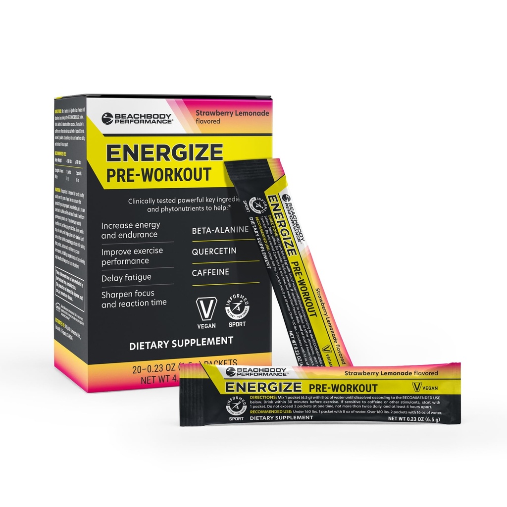 BODi Energize Pre Workout Powder - Beta-Alanine, Quercetin & Low-Dose Caffeine Formula for Enhanced Energy & Focus, Incrementar el Suplemento de Energía y Resistencia, Strawberry Lemonade Flavored, 20 Sticks