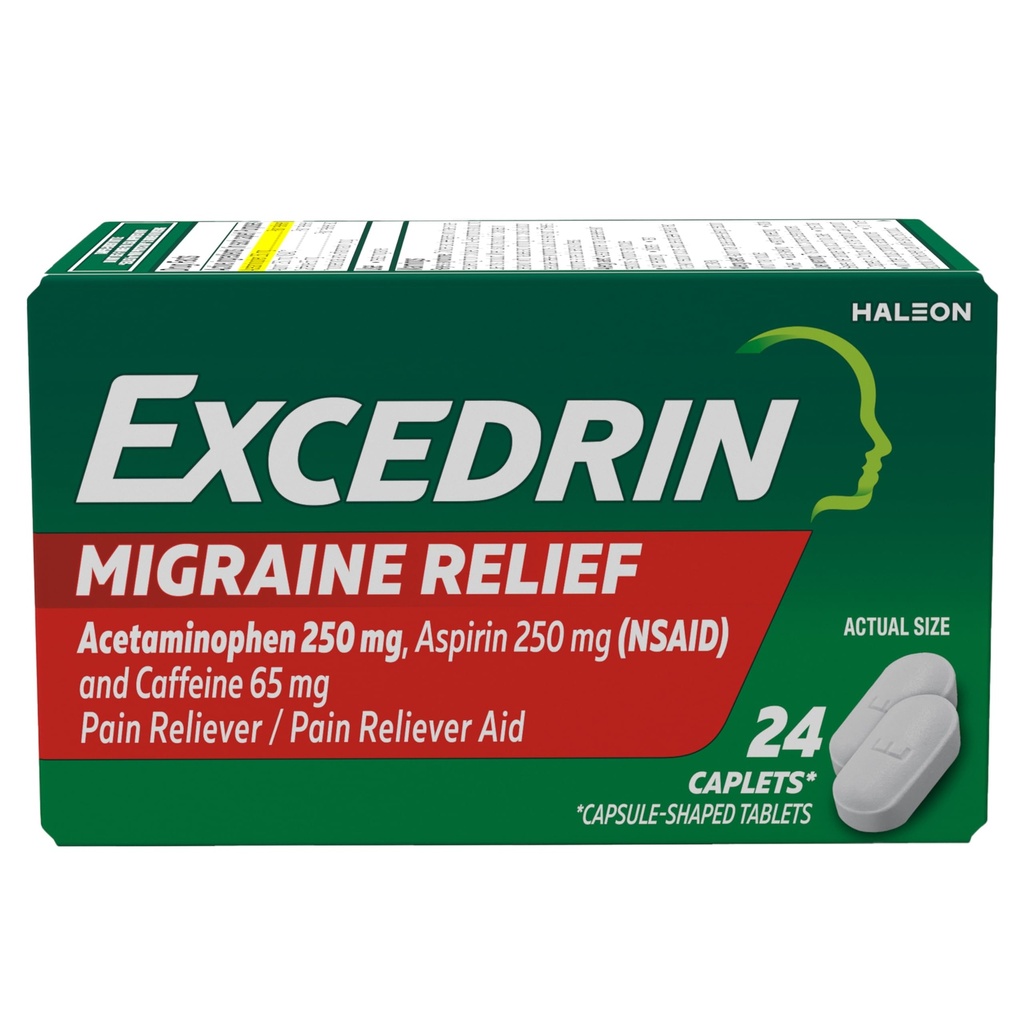 Excedrin Migraine Relief Caplets for Migraine Symptom, Acetaminophen 250mg, Aspirin 250mg, Caffeine 65mg, Doin Reliever, 24 Condes