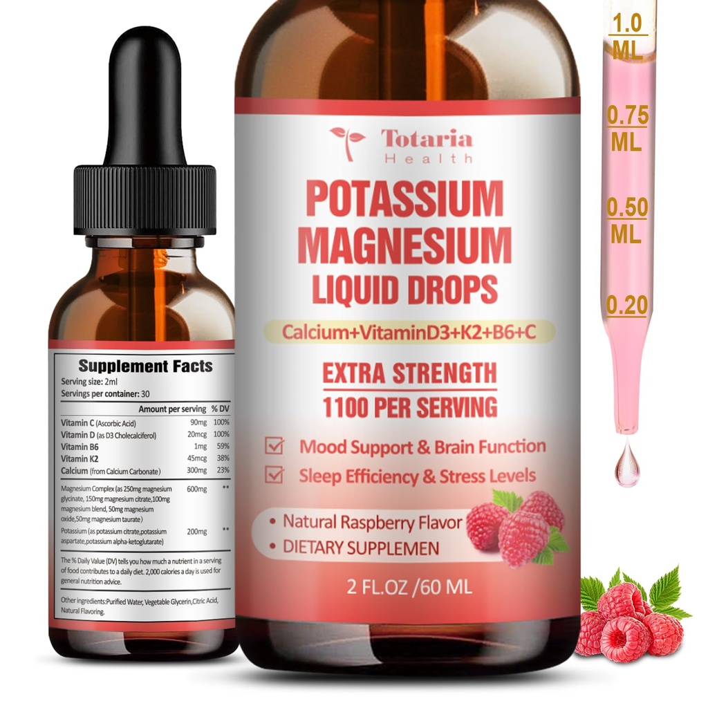 Suplemento de magnesio de potasio gotas líquidas - Suplemento de Potasio de alta absorción con Magnesio, Calcio, Vitamina D3 K2, Vegan, Potasio no GMO Potasio de apoyo de las piernas, Hueso, Musculo - 2 Fl oz