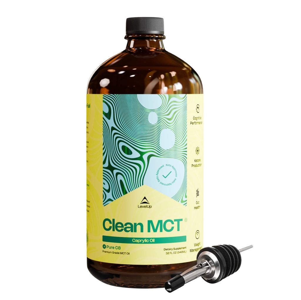 Nivel Up Clean MCT Petróleo - 100% C8 caprílico para Energía, Foco, Salud Gut, Supercombustible cerebral - Suplemento Keto para Café Ketogénico y Cetonas - No GMO (32 oz botella de vidrio)