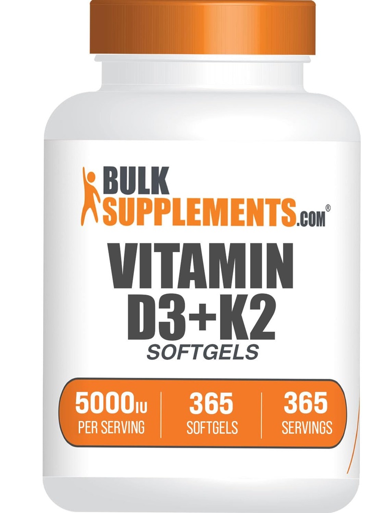 BulkSupplements.com Vitamina D3 + K2 5000 U Softgels - D3 K2 Suplemento, para Immune Health - Gluten Free, 1 Softgel por Serving, 365 Conde (Pack of 1)