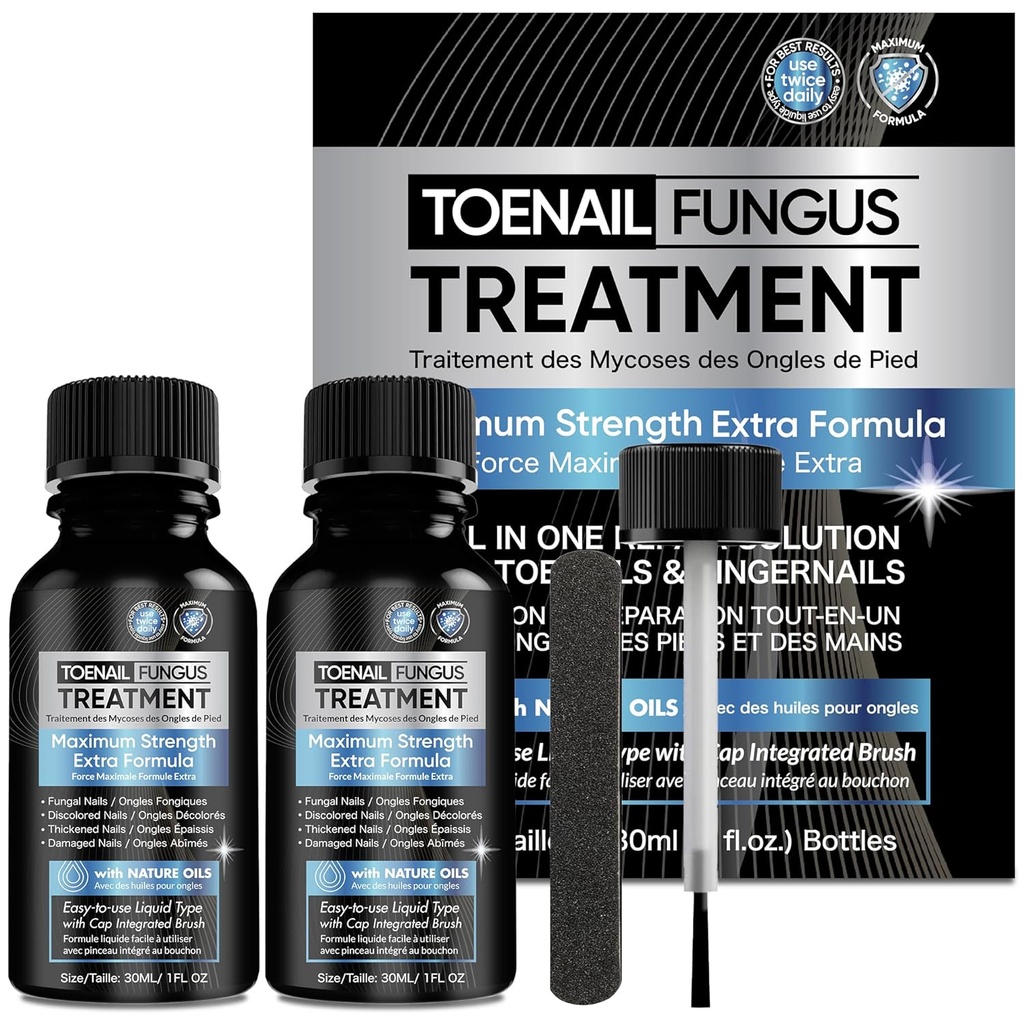 Tratamiento Toenail Fungus Extra Strength 2pcs x 30ml, Tratamiento de uñas de hongos, Tratamiento de hongos de uñas para uñas, tratamiento de hongos de uñas extra fuerza para uñas dañadas y decoloración.