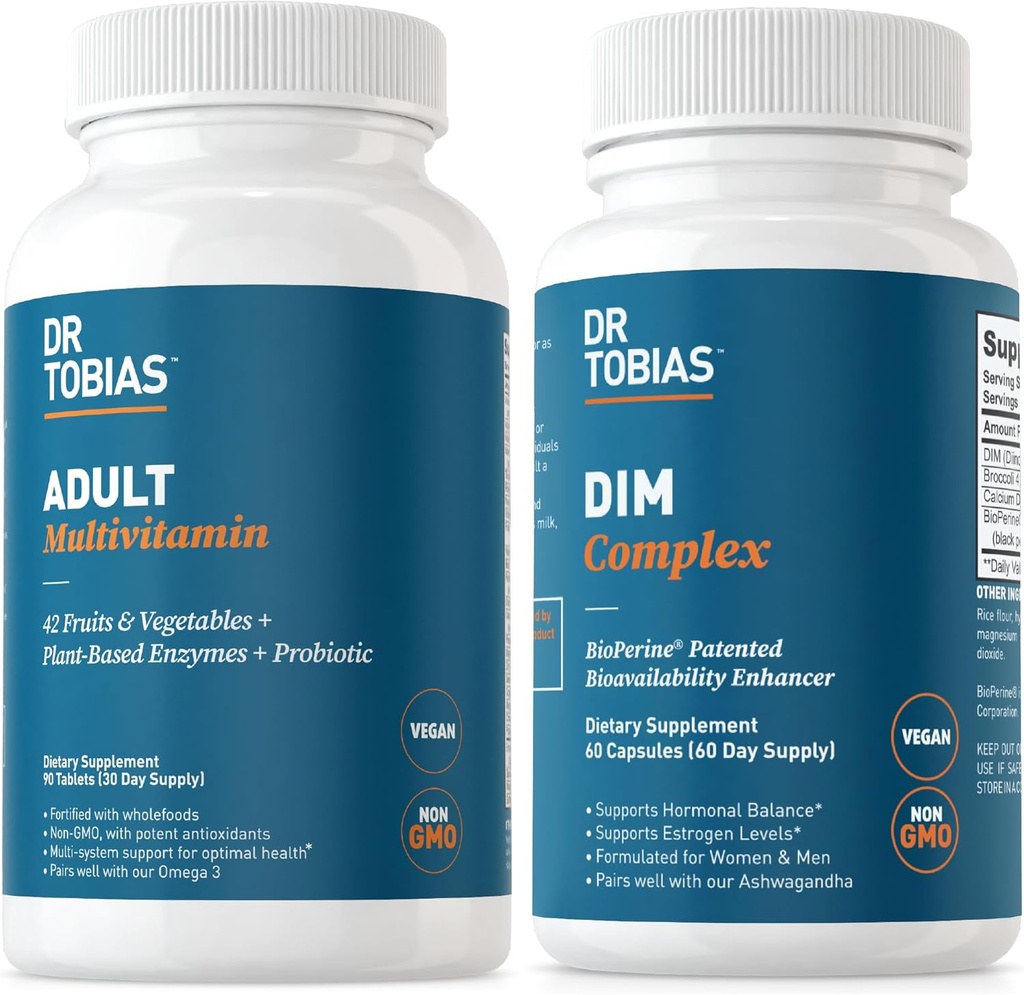 Dr. Tobias Adult Multivitamin &amp; DIM Complex, soporta Energía, Inmune y equilibrio hormonal para hombres &amp; mujeres con 42 Frutas & Verduras, BioPerine, Broccoli Extract &amp; Calcium, Non-GMO