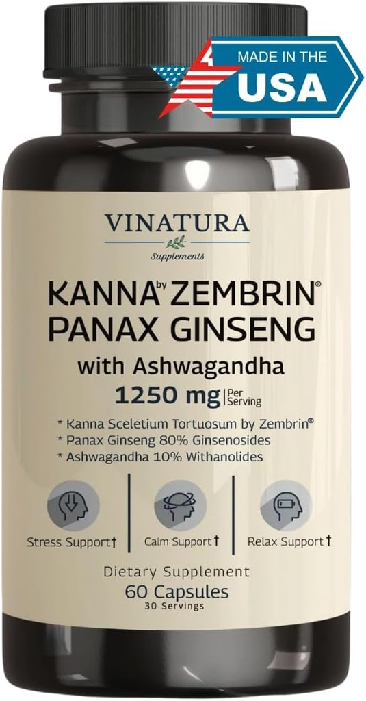 VINATURA Kanna Zembrin Sceletium Tortuosum - 50mg Kanna/Serving, con Ashwagandha, Ginseng *Brain Health, Stress Relief Support* Panax Ginseng 80% Ginsenosides Ashwagandha Capsules 10% Withanolides