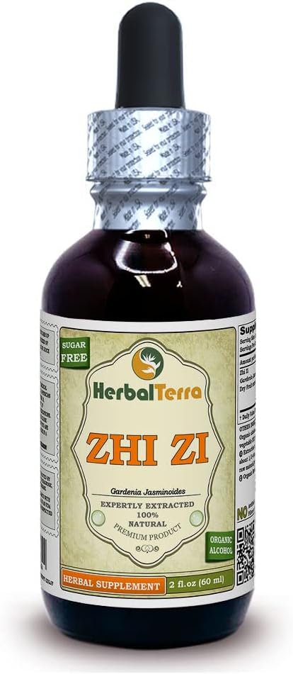 Zhi Zi, Gardenia (Gardenia Jasminoides) Tincture, Orgánica Fruta Seca Extracto líquido (Marca Marca: HerbalTerra, Proudly Made in USA) 2 fl.oz (60 ml)