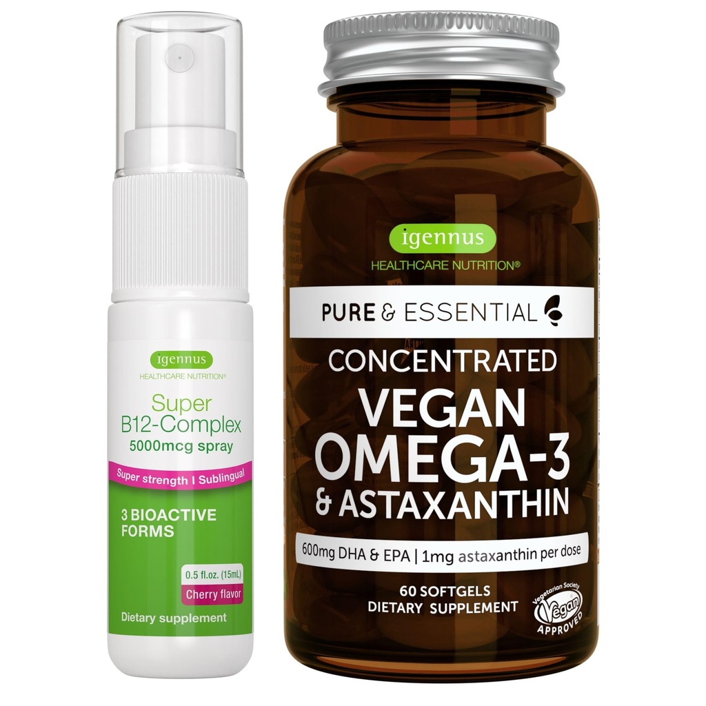 Vegan Omega-3 Algae Oil + Super B12-Complex 5000mcg Vegan Bundle, alta concentración DHA &amp; EPA + alta tensión B12 Cherry Flavor Sublingual Spray, por Igennus