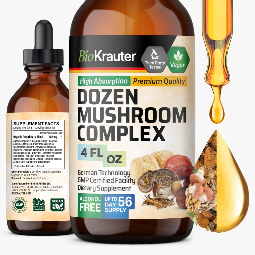 BIO KRAUTER® 12-in-1 Mushroom Supplement with Lion’s Mane, Turkey Tail, Cordyceps, Chaga, Maitake, Reishi and More for Immune Support & Overall Health - 4 Fl.Oz., 56-Day Supply, Alcohol & Sugar Free
