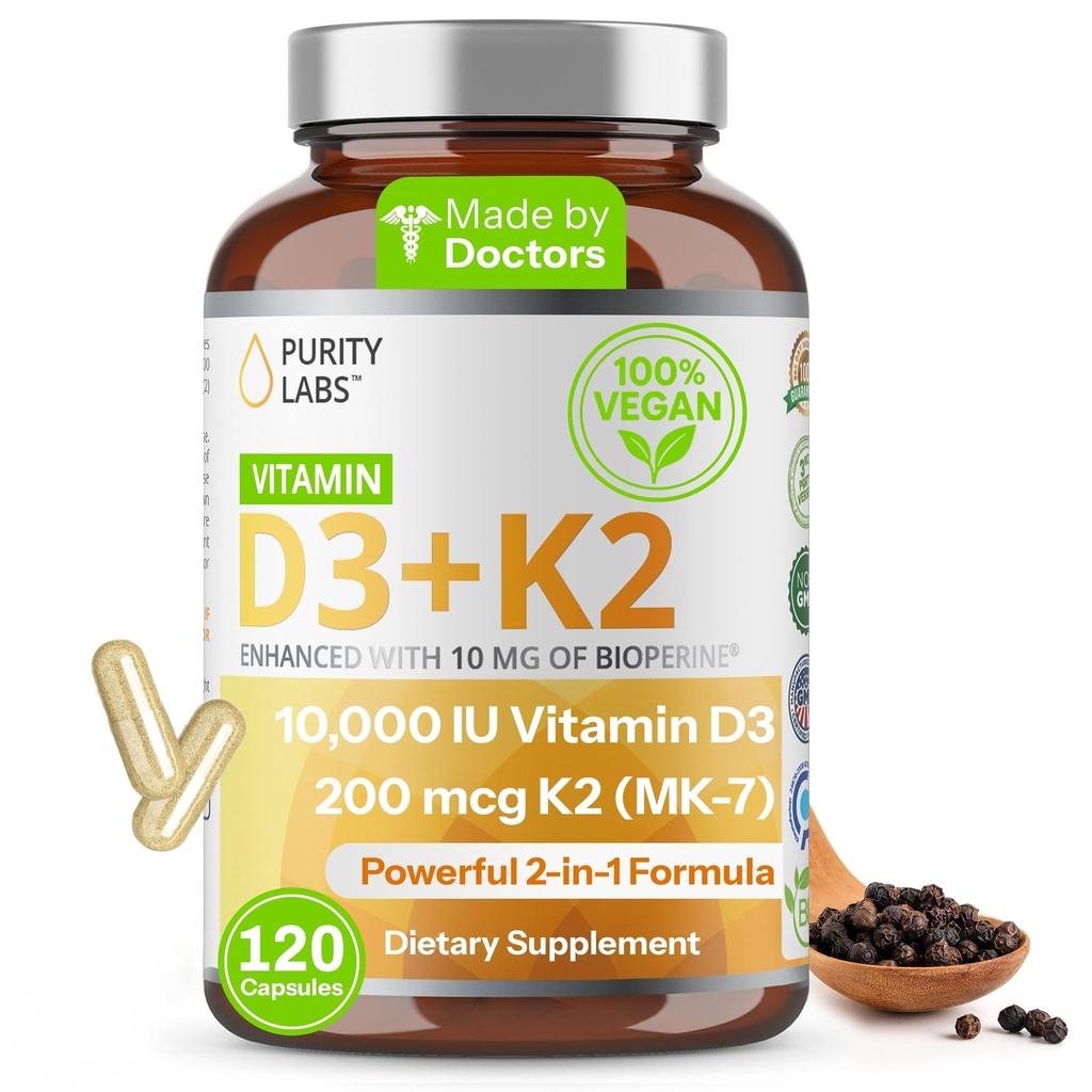 Laboratorios de pureza Vitamina D3 K2 10000 UI, (250mcg) D3 + 200mcg K2 MK7 - Suplemento de apoyo inmunitario mejorado con bioperina - Suplementos para la defensa diaria, bonificación, salud muscular - 120 cápsulas