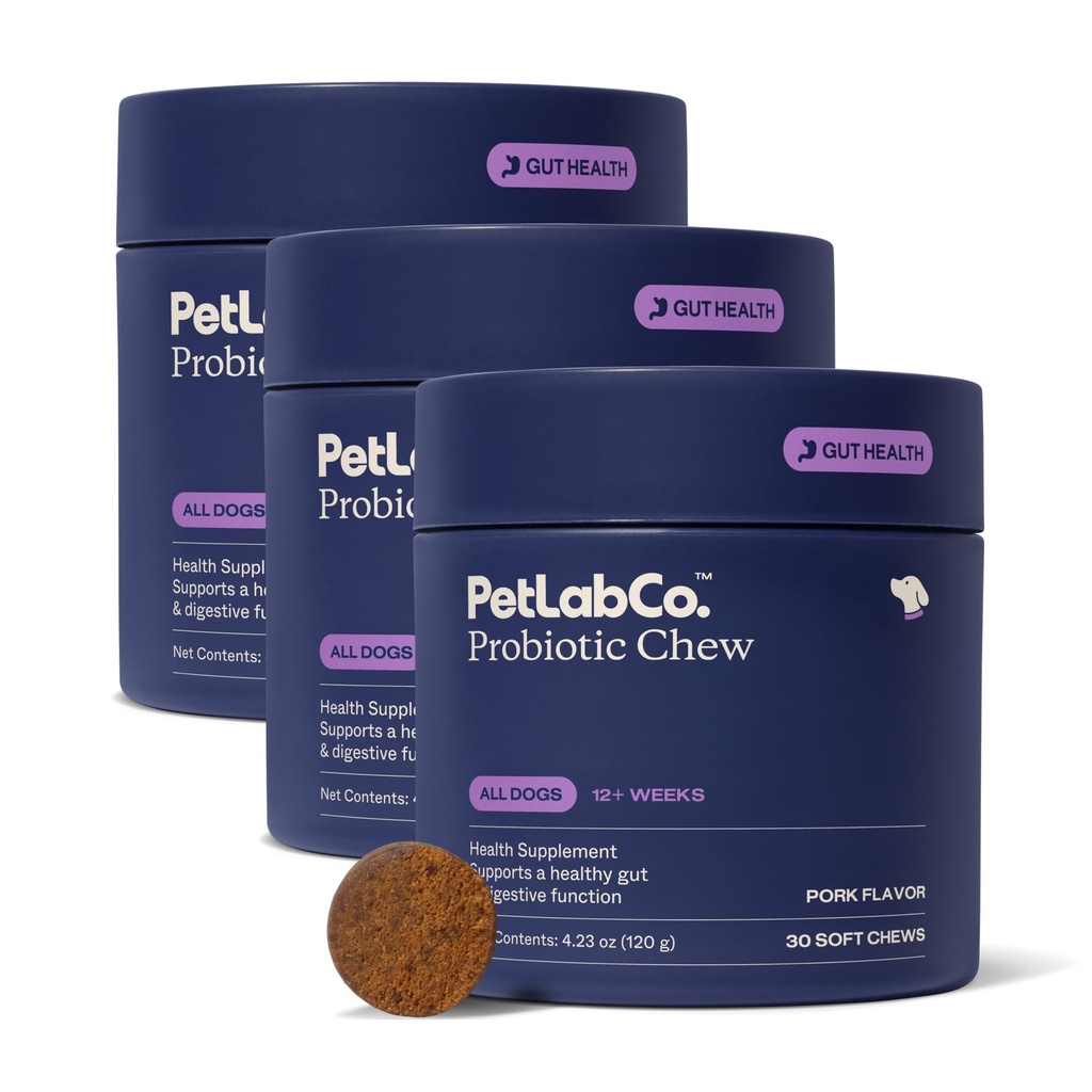 PetLab Co. Probióticos para Perros, Asistencia Gut Health, Diarrea Ocasional, Salud Digestiva " Alergias estacionales - Sabor de cerdo - 30 Mandíbulas suaves - Embalaje Mayo Vary (Valor 3-Pack)