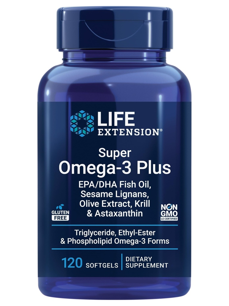 Extensión de vida Super Omega-3 Plus EPA/DHA Fish Oil, Sesame Lignans, Olive Extract, Krill &amp; Astaxanthin - Heart, Brain &amp; Joint Health Support - Gluten-Free, Non-GMO - 120 Softgels
