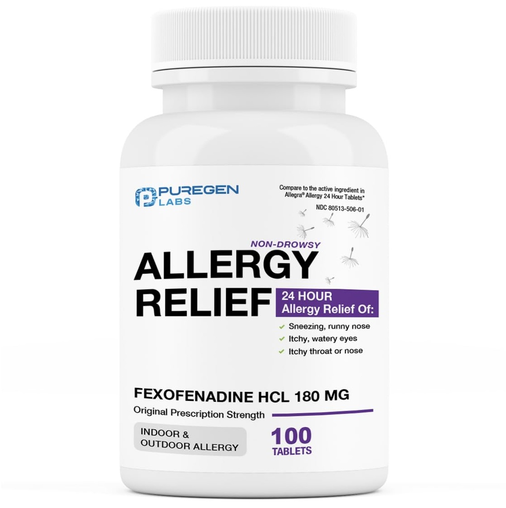 Alivio de la alergia a los laboratorios de puré, Fexofenadina 180mg, 100 Tabletas – 24 horas Medicina de la alergia a la antihistamínica antihistamínica para la nariz, estornudos, picazón, ojos acuosos - hecho en EE.UU.