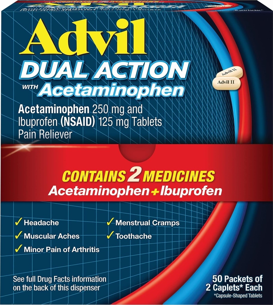 Doble acción Advil Coated Caplets con Acetaminophen, 250 Mg Ibuprofeno y 500 Mg Acetaminophen Per Dose (2 Dose Equivalente) por 8 horas Alivio del dolor - 2 Cuenta x 50