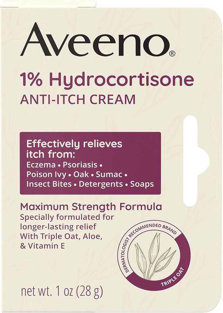 Aveeno Maximum Strength 1% Hydrocortisone Anti-Itch Cream, Triple Oat, Aloe &amp; Vitamin E for Itch Relief from Eczema, Psoriasis, Insect Bites, Poison Ivy, Oak & Sumac " Detergents, 1 oz