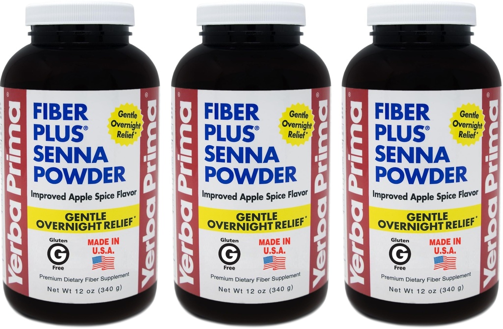 Yerba Prima Fiber Plus Senna Powder, 12 onzas (Pack of 3) - para el uso a corto plazo para restaurar la regularidad, mejorada Apple Spice Flavor, Stevia Sweetened, proporciona alivio suave durante la noche, no GMO