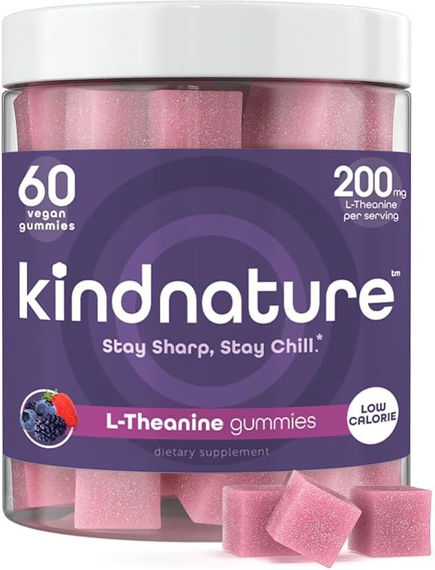 amnature L-Theanine Gummies 200mg – Vegan Calm & Focus Supplement for Adults &amp; Kids Ages 4+ – Mixed Berry Chewable, Low Sugar, Non-Drowsy*