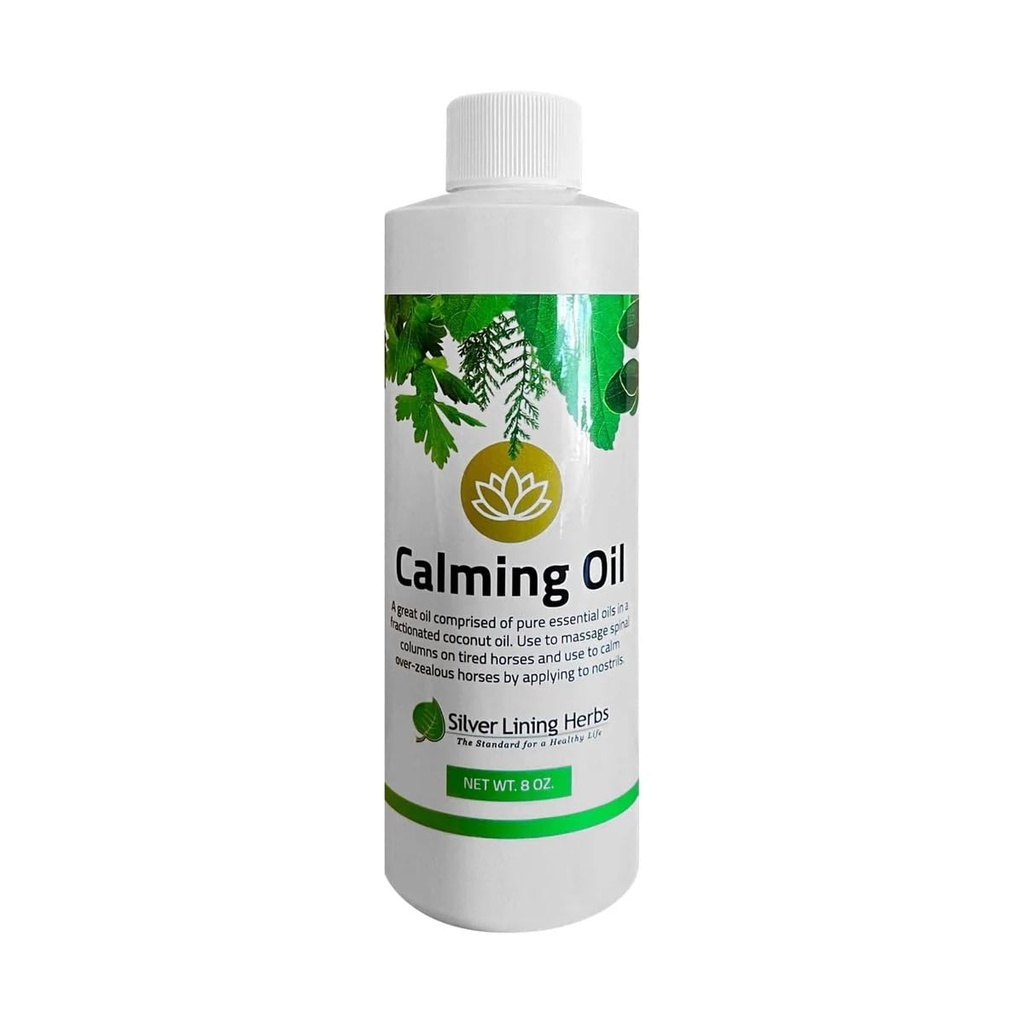 Herbs de forro de plata Aceite de calma para caballos – Todo natural aceite esencial mezcla con aceite de coco – ayuda a relajar caballos ansiosos, inquietos y de alta resistencia – 8 oz