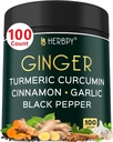 5in1 Ginger and Turmeric Supplements with Ceylon Cinnamon, Ajo - Digestion, Immune, Brain & Heart Health Support - 100 Vegan Capsules