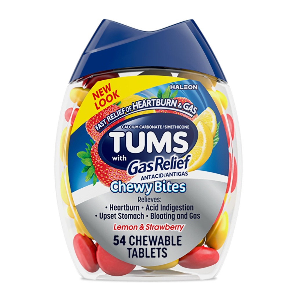 TUMS Chewy Bites Tablas de ácido picante con gas Alivio, Lemon &amp; Strawberry - 54 Cuenta