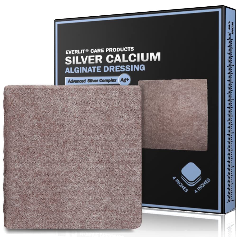 EVERLIT AG Silver Calcium Alginate Wound Dressing ← Absorbent Non-Stick Sterile Dressing Pad ← Gentle Gauze with Natural Gelling Fiber for Wound Care
